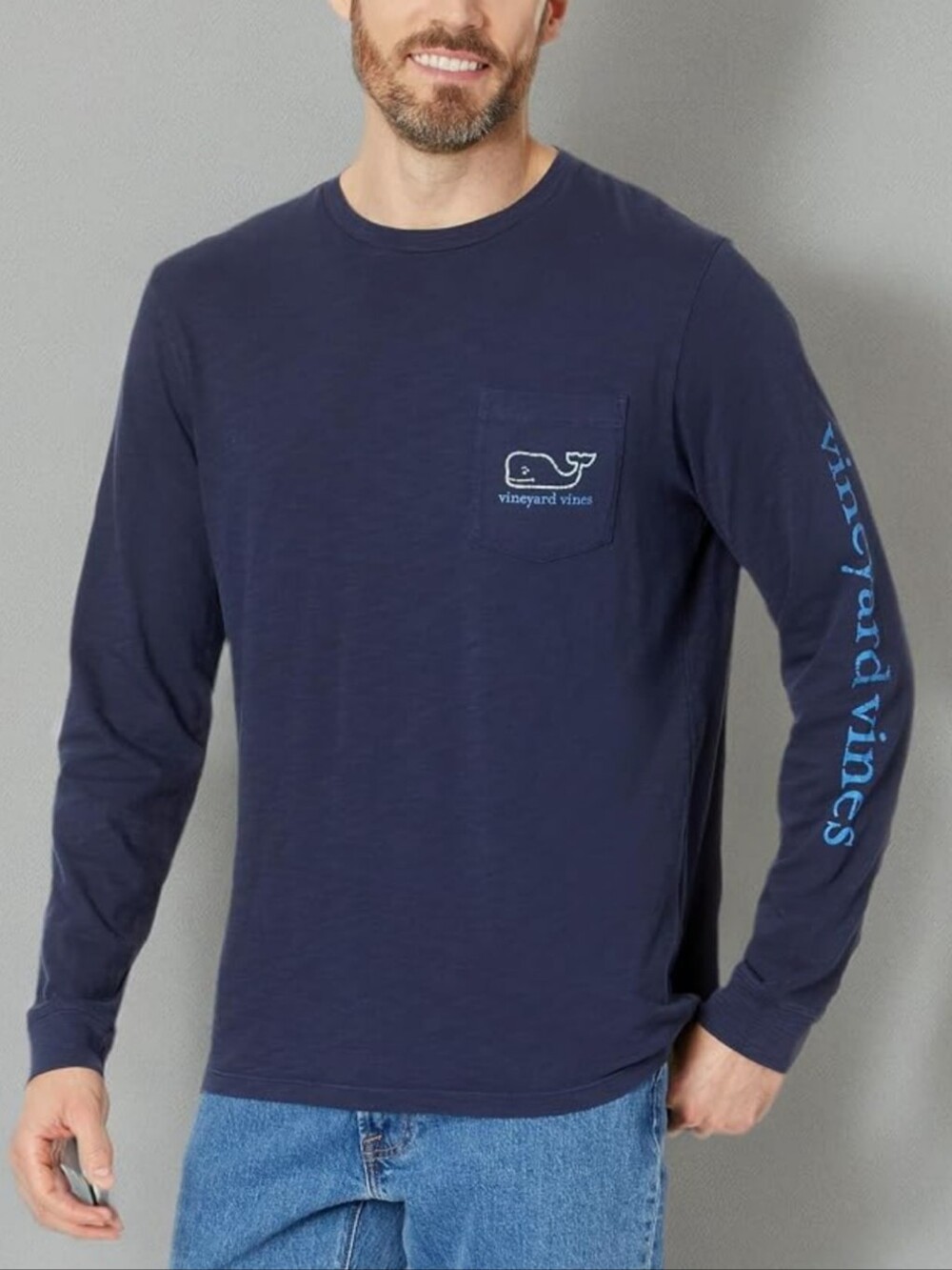 VINEYARD VINES NAVY BLUE LONG-SLEEVE POCKET TEE WITH TEAL LOGO